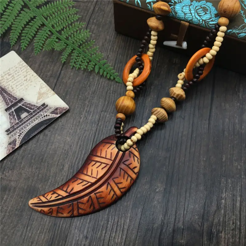 Vintage Wood Beads Long Necklace Fish Elephant Leaf Moon - Temu Philippines