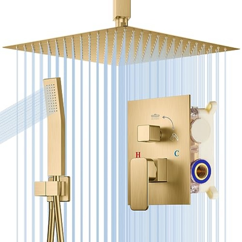 Juego de ducha termostático dorado, caja empotrada oculta, válvula, cabezal  de ducha montado en el techo
