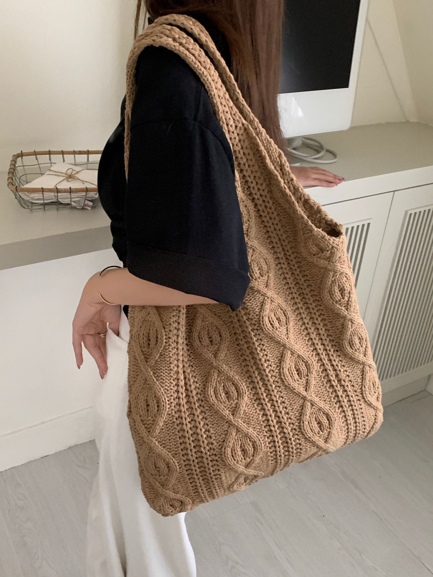 Hobo bag for women contrast color large capacity tote bag shoulder bag  women's trendy knitted bag