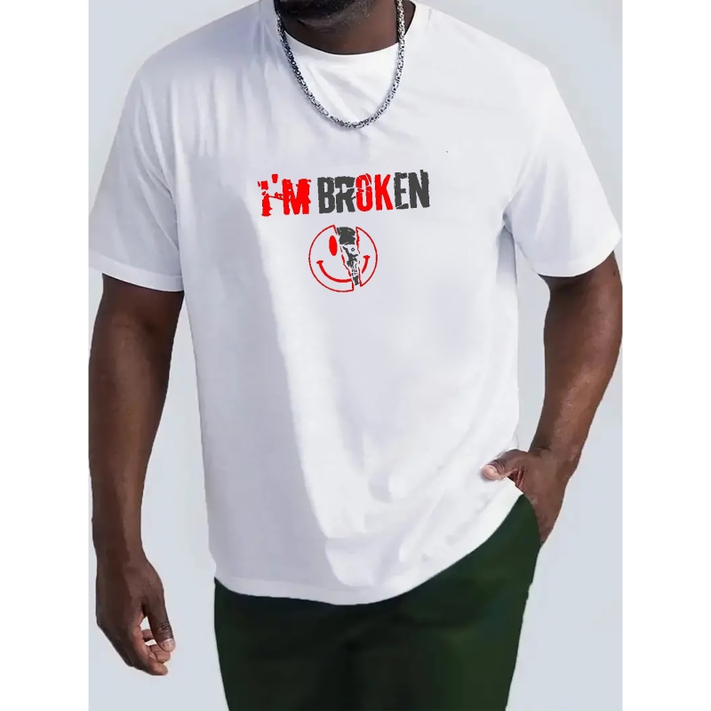 

Broken Smile Face Pattern Men's T-shirt For Summer Outdoor, Men's Street Crew Neck Tops
