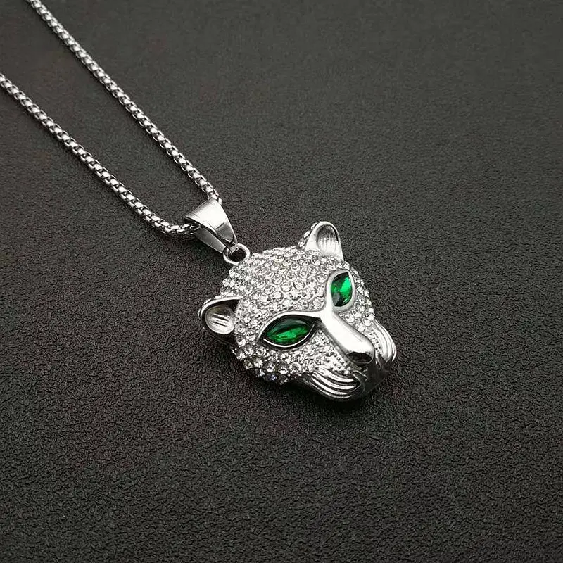 stainless steel luxury zirconia animal panther leopard head eyes pendant hip hop necklace for men women couple gift fashion jewelry details 12