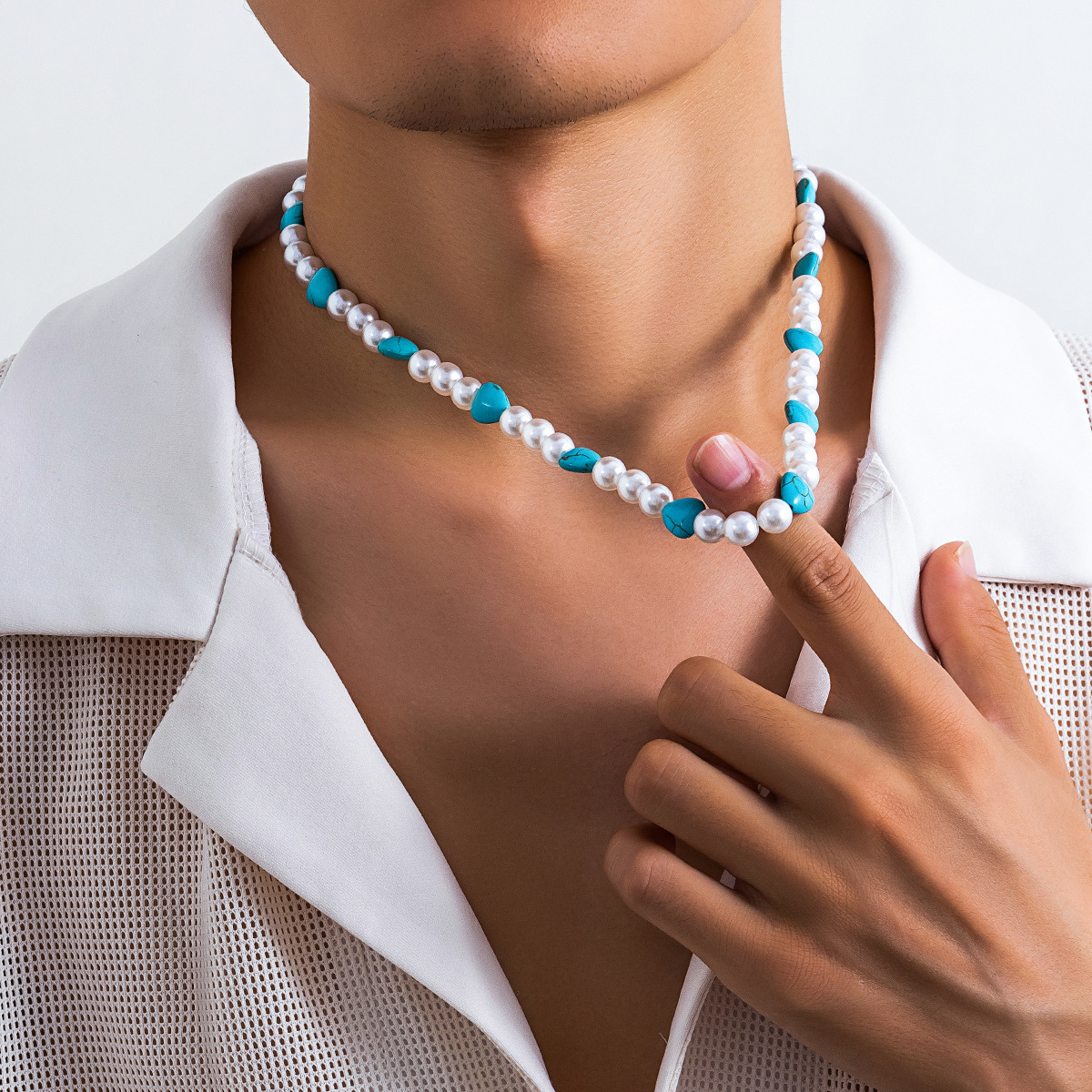 *'s Punk Rock Style Turquoise White Pearl Necklace Blue Beads  for Casual or Formal Wear, Versatile Layered Jewelry for