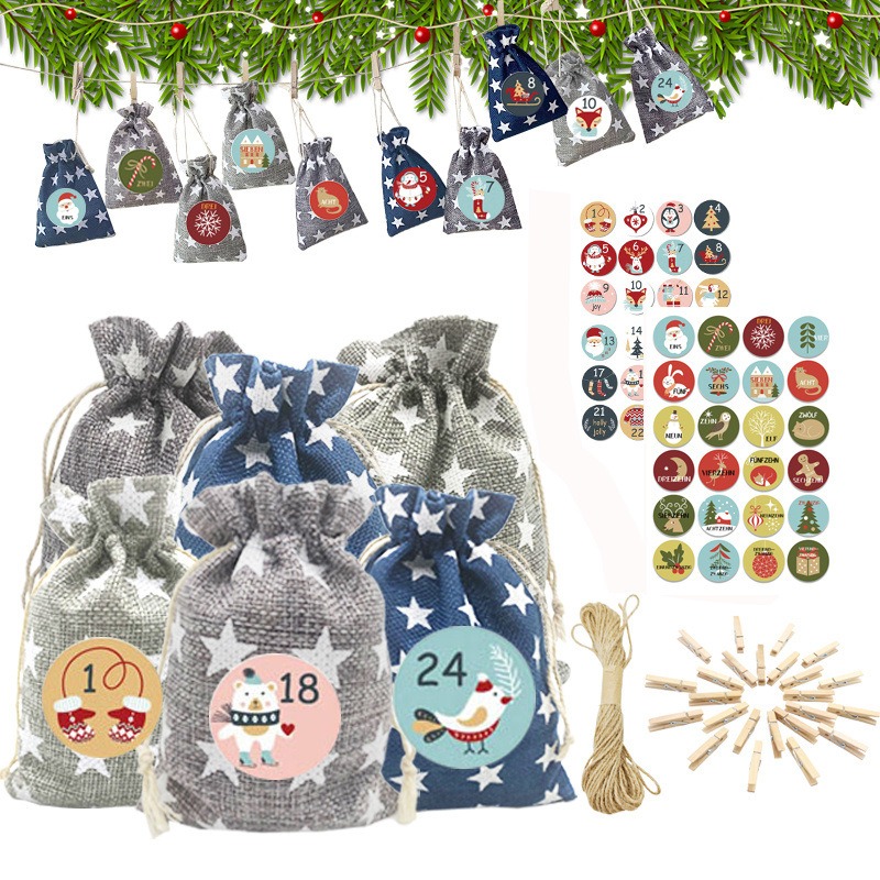 24pcs, Sacs de calendrier de l'Avent de Noël Sacs-cadeaux de Noël