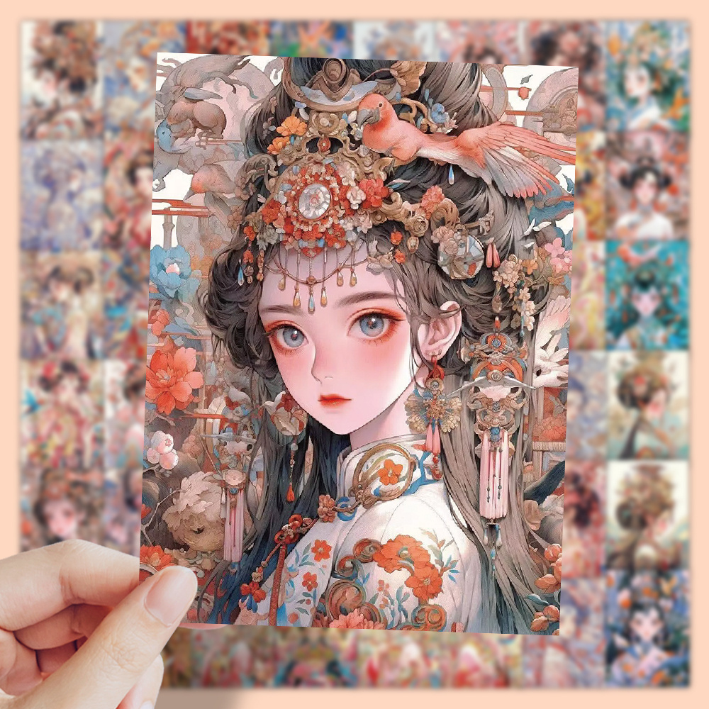 60 Pieces Of Eastern Style Retro Exquisite Girl Stickers, Cartoon Hairpin Girl Notebook Mobile Phone Skateboard Refrigerator Decorative Stickers