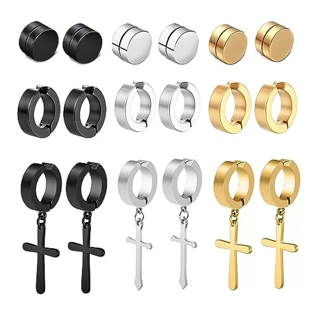 10 Pairs Of Non-pierced Earrings Stainless Steel Non-pierced Earrings Cross  Pendant Hoop Earrings For Men And Women Clip-on Earring Set