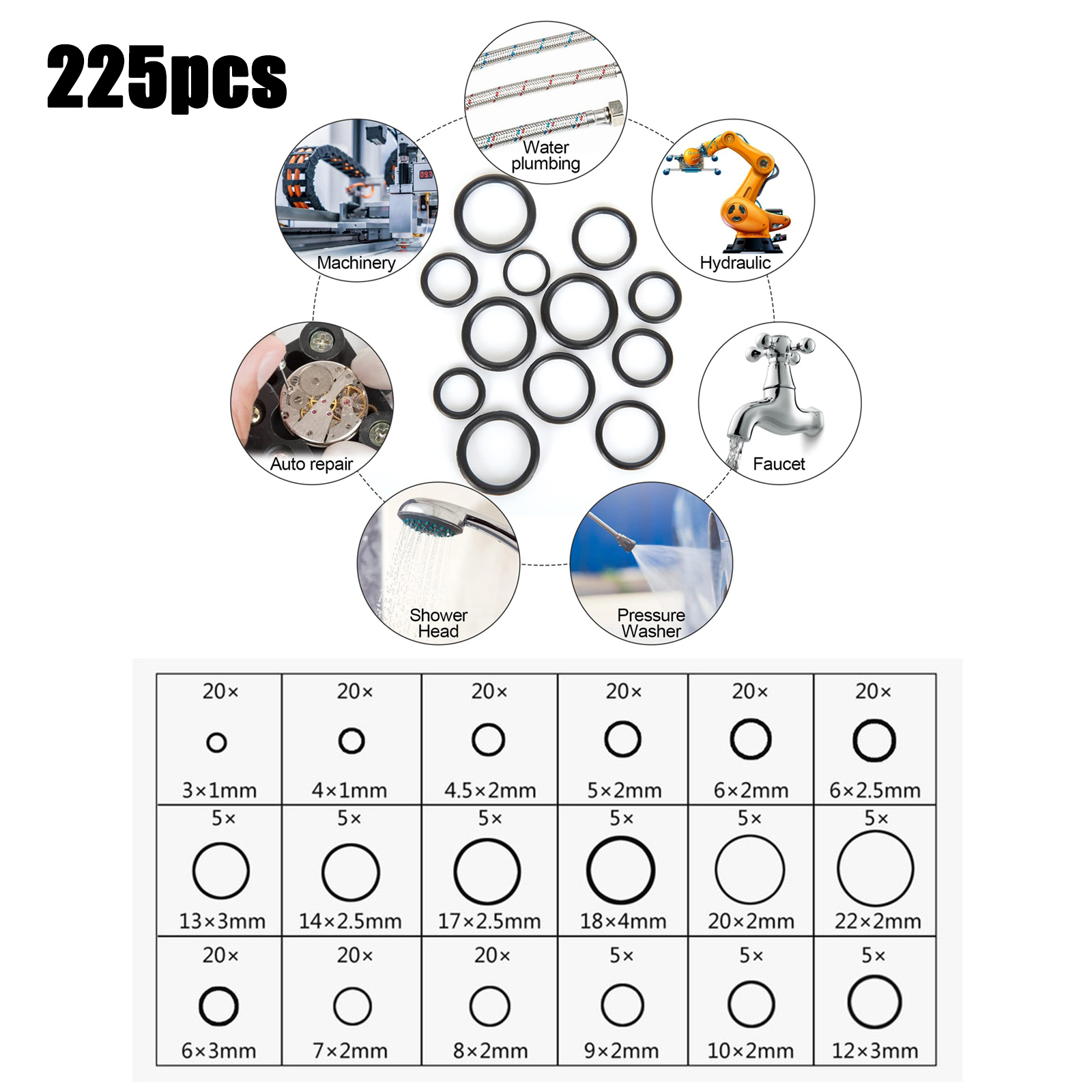 90-225 Stück 18 Größen Gummi O-ring Sortiment Kit: Professionelle