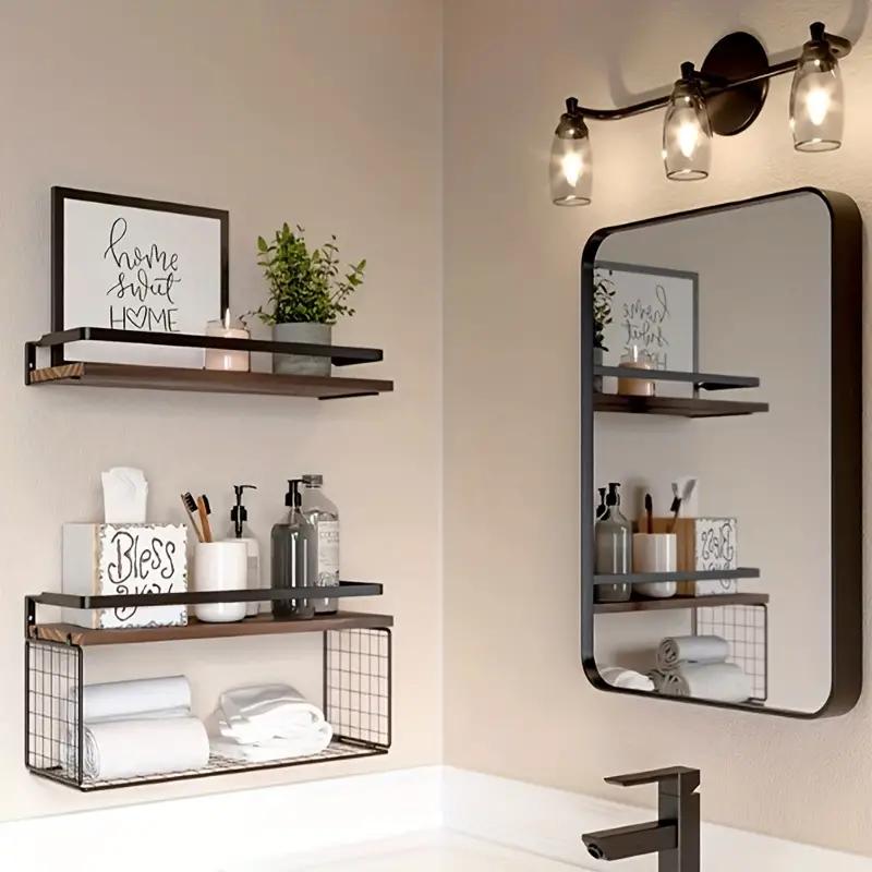 Farmhouse Wood Bathroom Wall Shelves over Toilet with Paper Storage Basket  Set