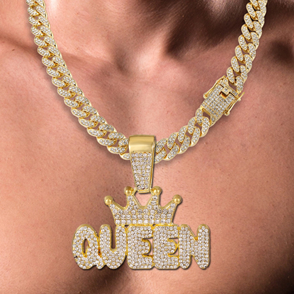 Iced Queen Letter Pendant Chains Men Silvery Golden Faux - Temu