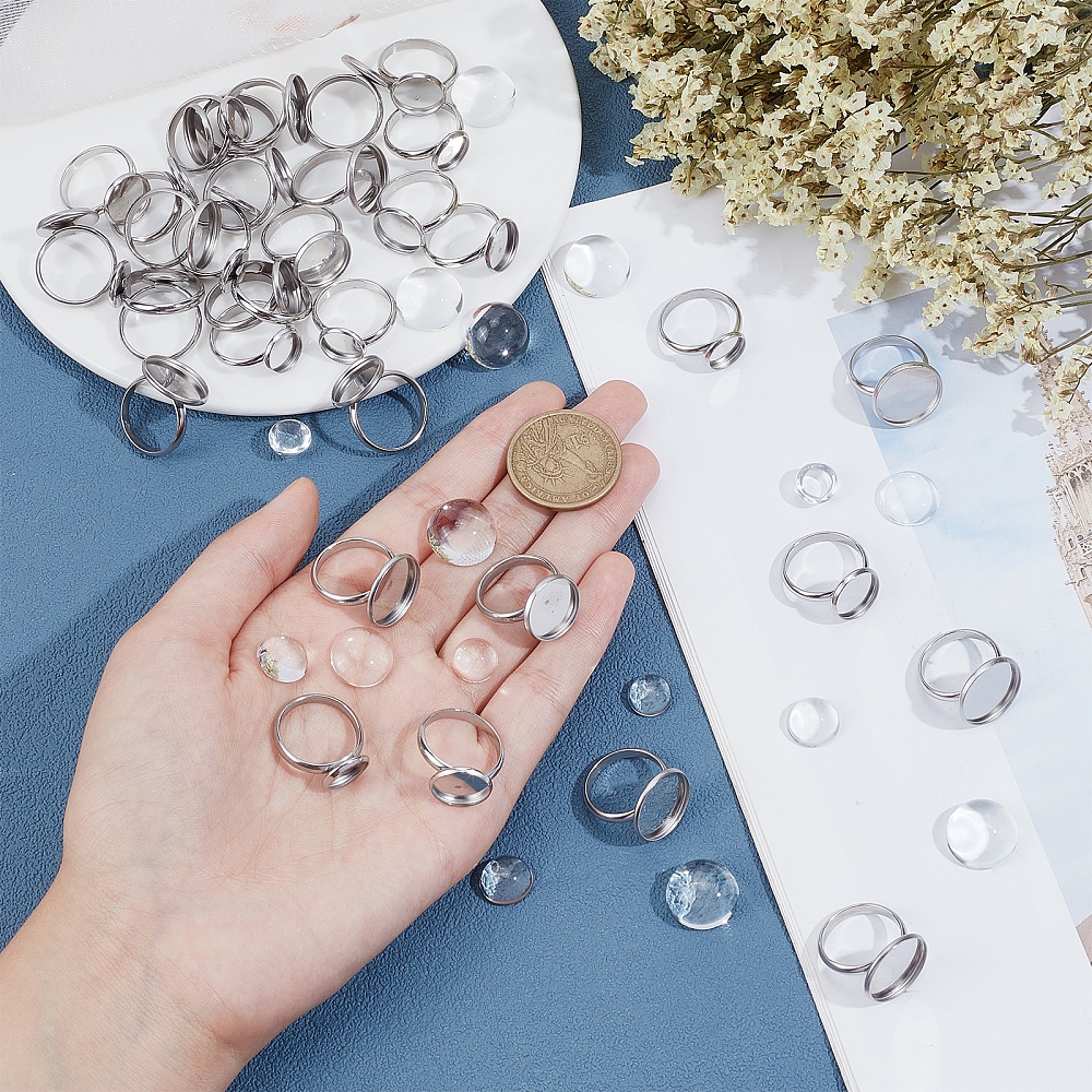 80Pcs Adjustable Blank Rings for Jewelry Making, 12mm Ring Base Blank Rings  Metal Flat Round Finger Ring Base Pad Adjustable Ring Blanks Bezel Trays