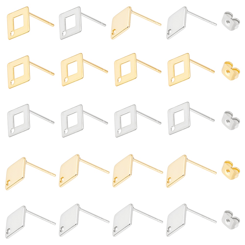 1Box 40pcs 2 Styles 2 Colors Rhombus Stud Earring, 304/201 Stainless Steel  Stud Earring Findings, Metal Earring Post With Loop, Earring Components Wit