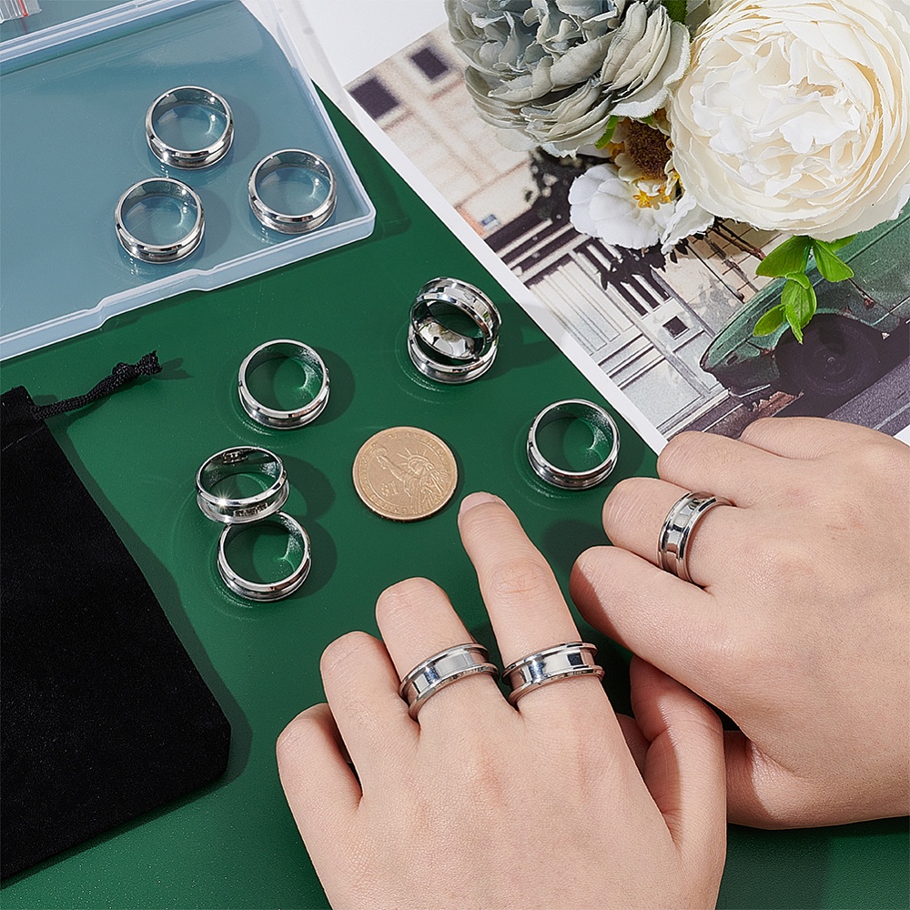 1 Box 18pcs Blue Blank Core Rings, 6 Sizes Stainless Steel Blank Finger  Rings, Hypoallergenic Inlay Ring, Round Grooved Empty Ring Blanks, For  Jewelry