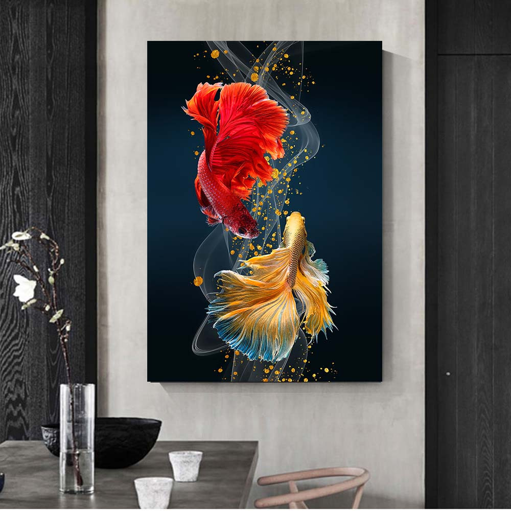 キャンバスポスター1枚 モダンアート 抽象的なカラフルなベタ魚動物
