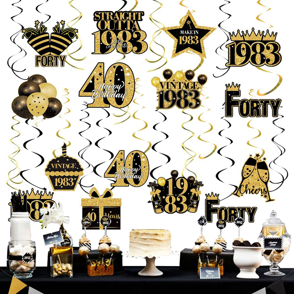  Decoraciones de cumpleaños 40 para hombres, decoraciones de  feliz cumpleaños negras y doradas para mujeres y hombres, decoraciones de cumpleaños  40 - Decoraciones de cumpleaños 40 negro y dorado para él