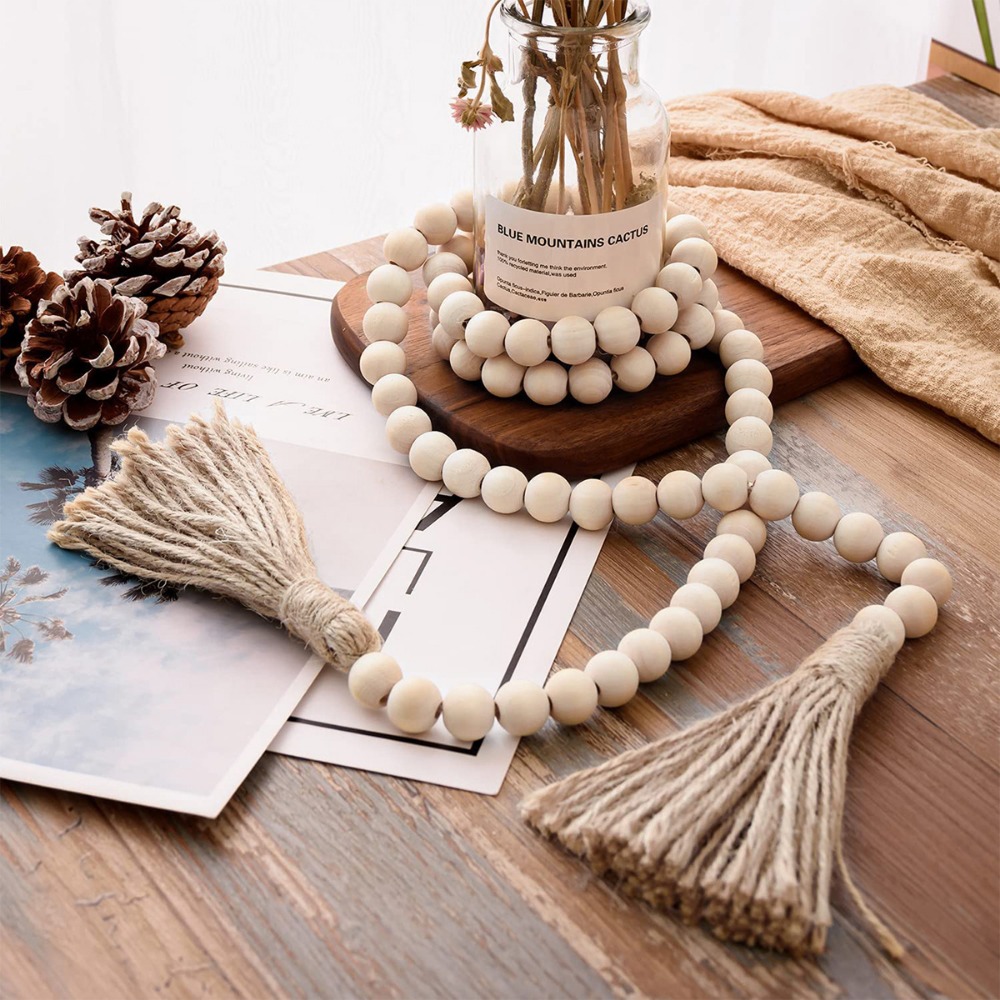 Wooden Bead Garland with Tassels, 36 inch Rustic Country Beads Prayer Beads
