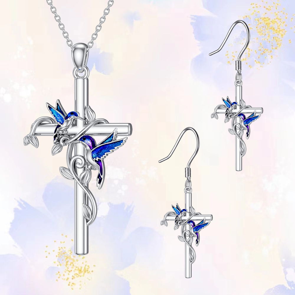 3pcs cute blue bird decor cross earrings and necklace set birthday and christmas gifts for teen girls details 0