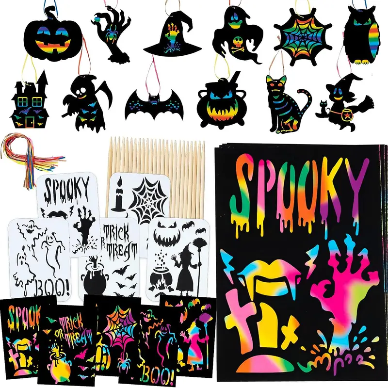77pcs, Halloween Scratch Art For Kids, Rainbow Scratch Paper Arts And  Crafts Kit, Pumpkin Ghost Zombie Witch Scratch Art Hanging Ornaments For  Hallowe