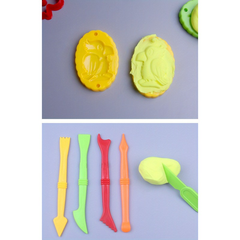 Plasticine modeling clay in children class. kids together play dough and  mold from plasticine in kindergarten or preschool. Group of four people.  Teaching modeling. They learn to live in a team. Stock