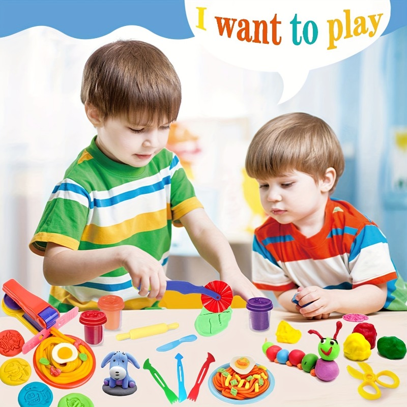 Plasticine modeling clay in children class. kids together play dough and  mold from plasticine in kindergarten or preschool. Group of four people.  Teaching modeling. They learn to live in a team. Stock