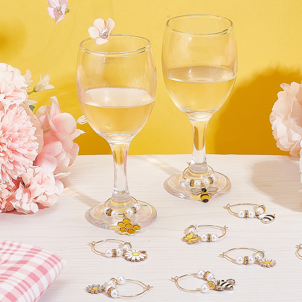 1Box 16PCS 16Style Bees & Flower Theme Alloy Enamel Wine Glass Charms  Goblet Marker With Brass Wine Glass Charm Rings Golden 38~48mm Christmas &  New Y