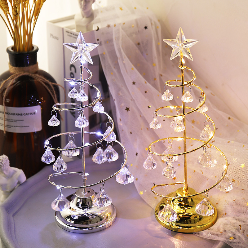 Christmas Tree Crystal Lamp, Crystal Spiral Christmas Tree with Glittering  Star, 13 Inch Gold Christmas Tree Light with Metal Stand