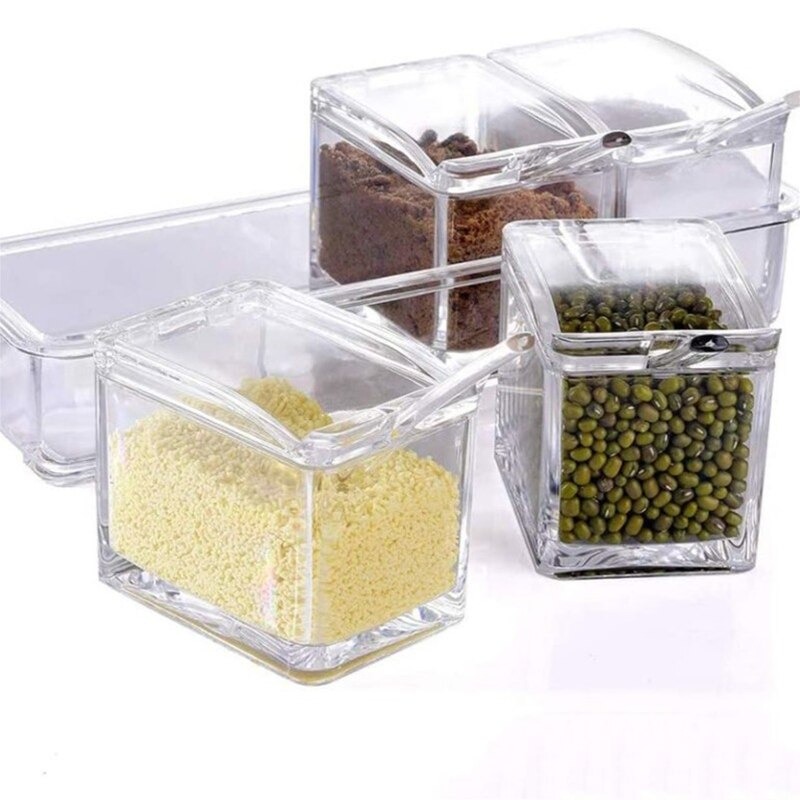 Transparent Condiment Organizer - Acrylic Spice Box with Spoons and Lids -  Multifunctional Kitchen Storage (Small)