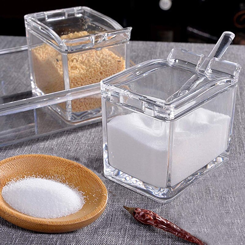 Transparent Condiment Organizer - Acrylic Spice Box with Spoons and Lids -  Multifunctional Kitchen Storage (Small)