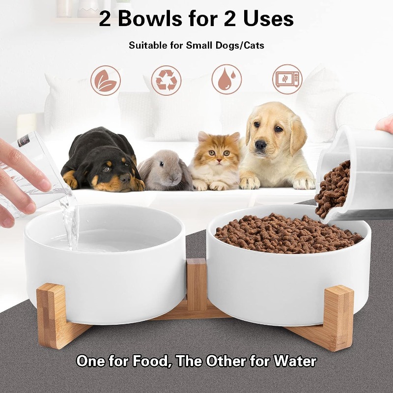 

Elevated Cat Double Bowls, Ceramic Cat Food & Water Bowl With Wooden Stand, Non-slip Wear-resistant Pet Feeder Bowls For Indoor Cats And Small Dogs
