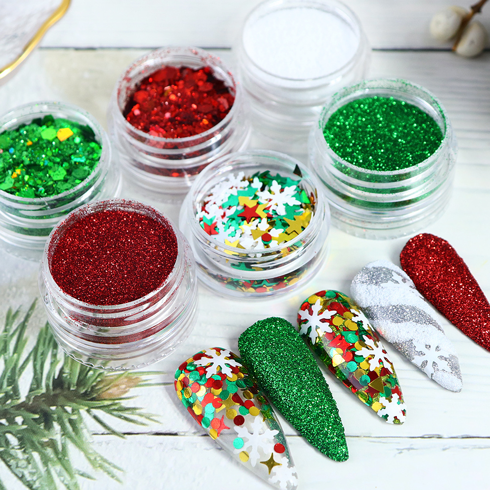 6pcs Christmas Nail Glitter Powder Holographic Snowflake Nail