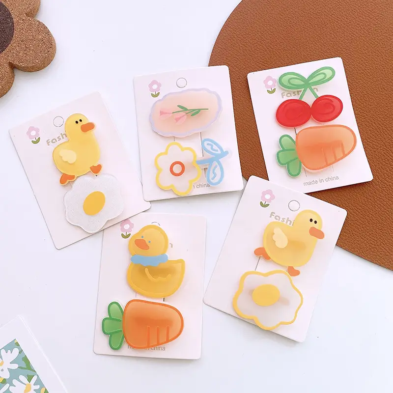 Cute Animal Acrylic Cartoon Duck Hair Clip, Fruits Flower Shaped