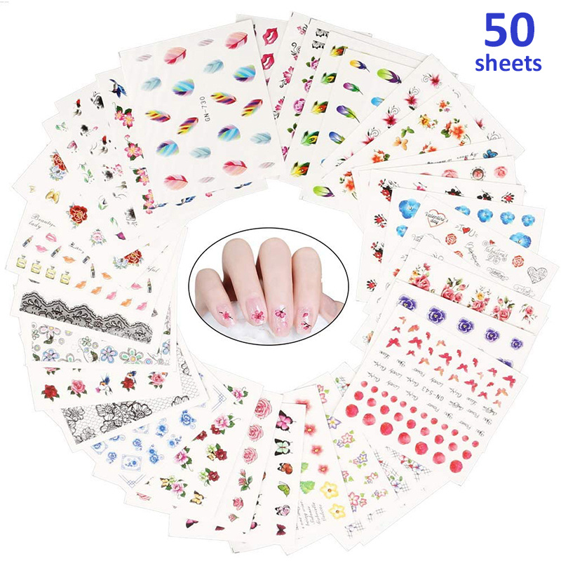 

50 Sheets Nail Decal For Spring White Nail Art Sticker Art Decoration Bow Lace Manicure Tips Nail