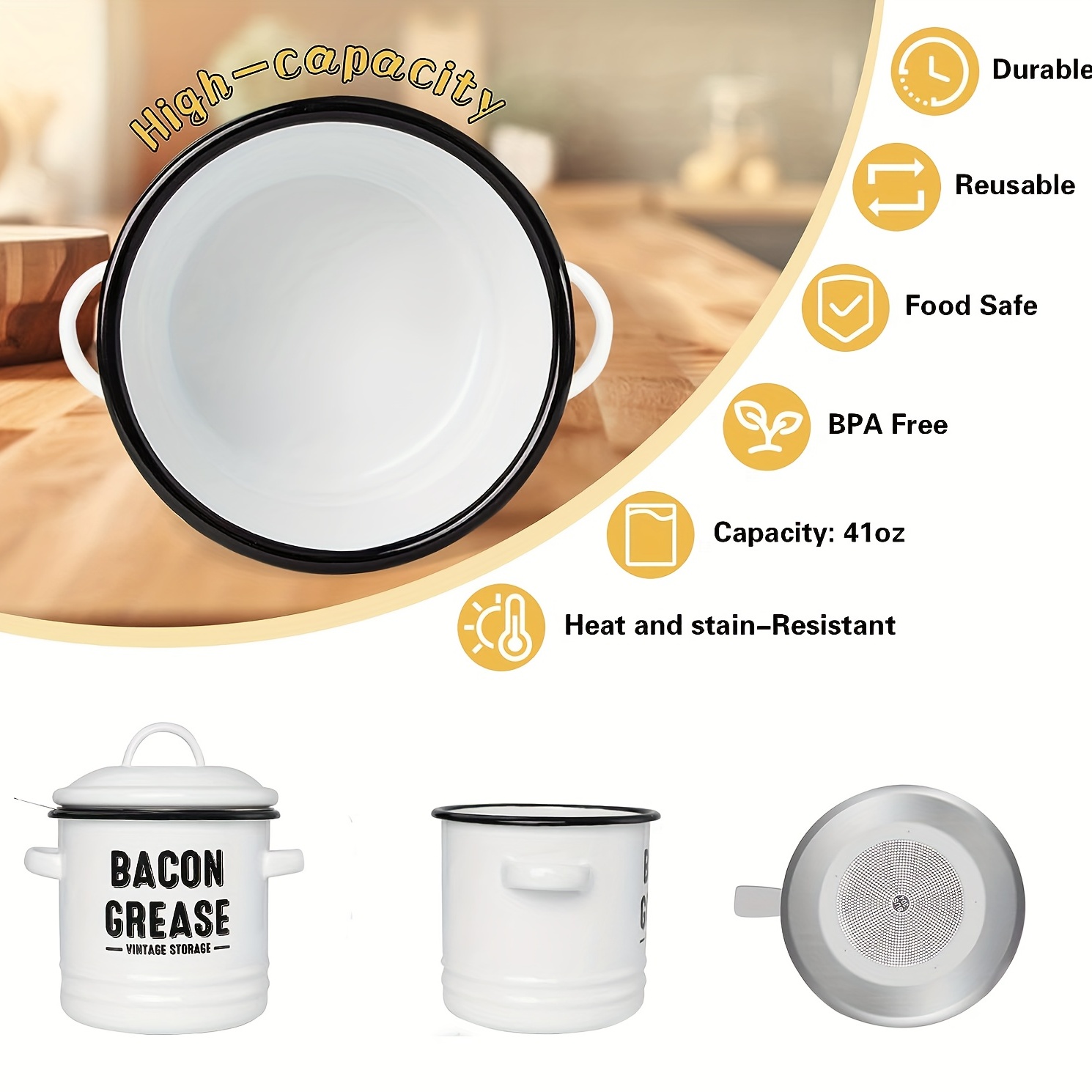 Bacon Grease Container, White Enamel Grease Container, Oil Container, Mesh  Grease Separation Filter, Kitchen Cooking Oil Container, Bacon Grease Filter,  Kitchen Supplies - Temu