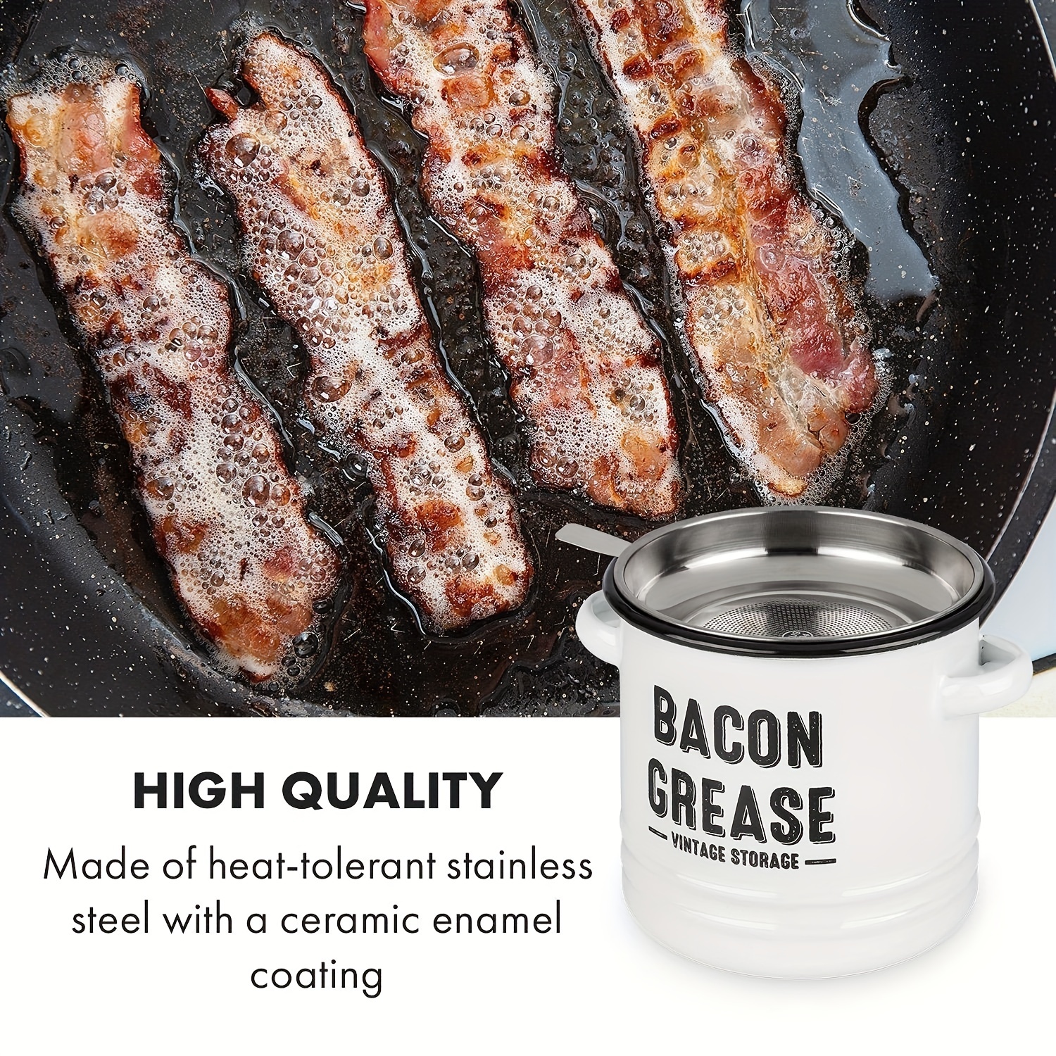 Bacon Grease Container, White Enamel Grease Container, Oil