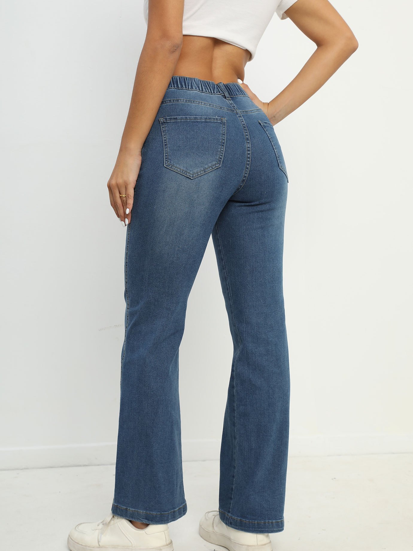 elastic waist stretchy straight jeans loose fit slant pockets washed denim pants womens denim jeans clothing