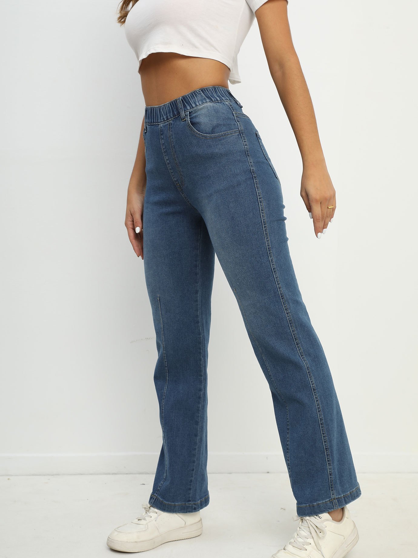 elastic waist stretchy straight jeans loose fit slant pockets washed denim pants womens denim jeans clothing