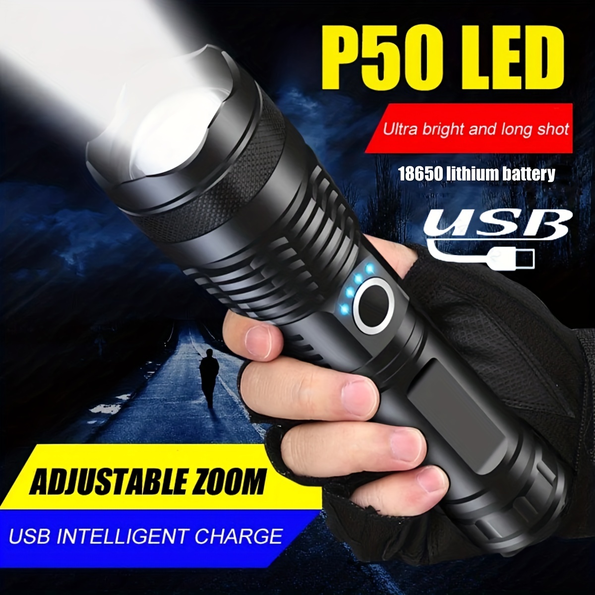 100000 Lumens Powerful Flashlight, Rechargeable Waterproof Searchlight  XHP70 Super Bright Handheld Led Flashlight Tactical Flashlight 26650 Battery  USB Zoom Torch for Emergency Hiking Hunting Camping 