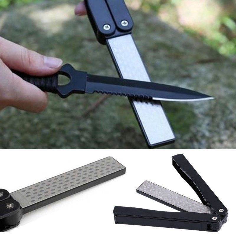 Pocket Knife Sharpener,Multifunction EDC Gear Keychain Foldable Sharpening  Stone with 3 Stages Ceramic&Carbide&Diamond Tapered for Survival Hunting  Fishing Camping,Black