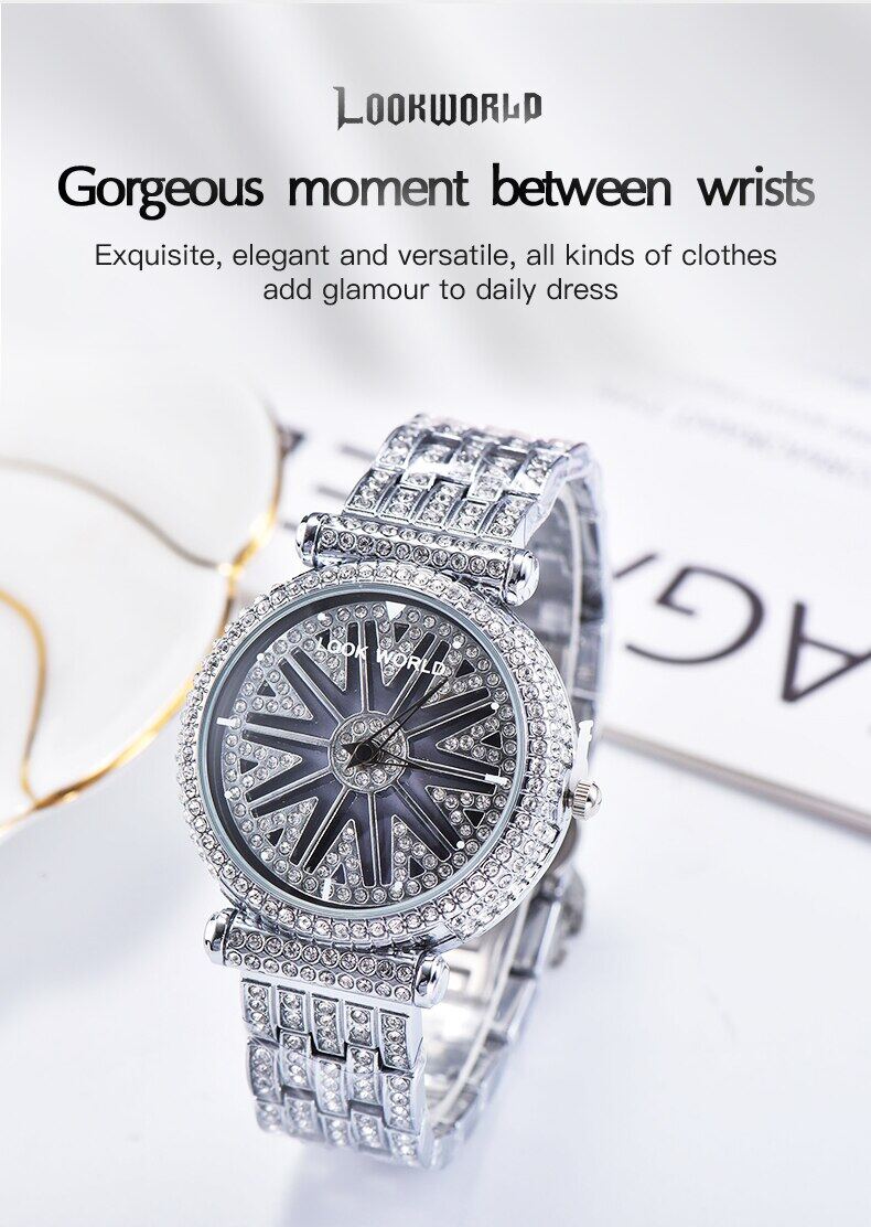 lookworld fashion rhinestone studded stainless steel rotating dial waterproof quartz watches details 2