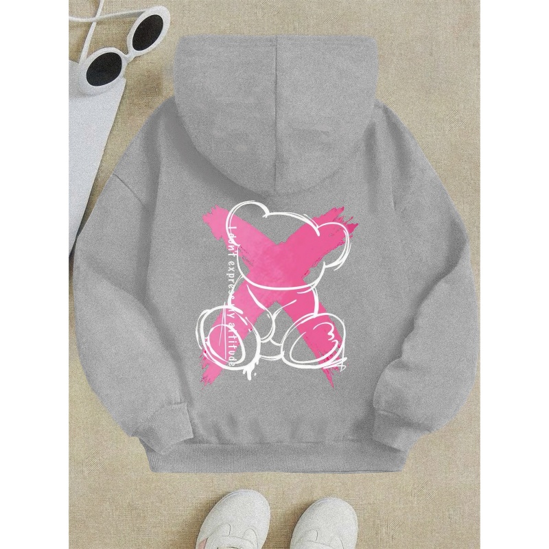 

X Bear Pattern Print Kids Girls Hoodie Back Graphic Hooded Sweatshirt With Kangaroo Pocket, Slightly Stretch Comfy Casual Sweatshirt, Gift