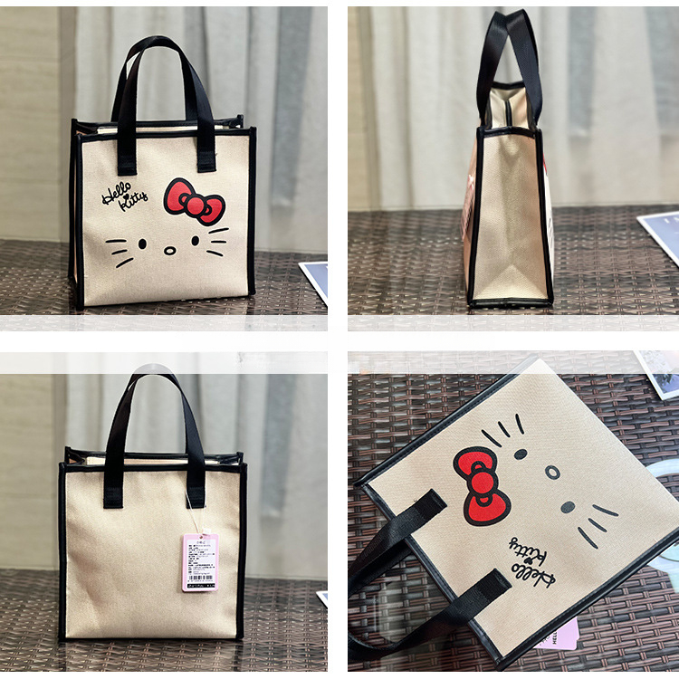 Cute Hello Kitty Print Handbag, Canvas Handle Bag With Zipper, Perfect  Women Work Snack Bag - Temu