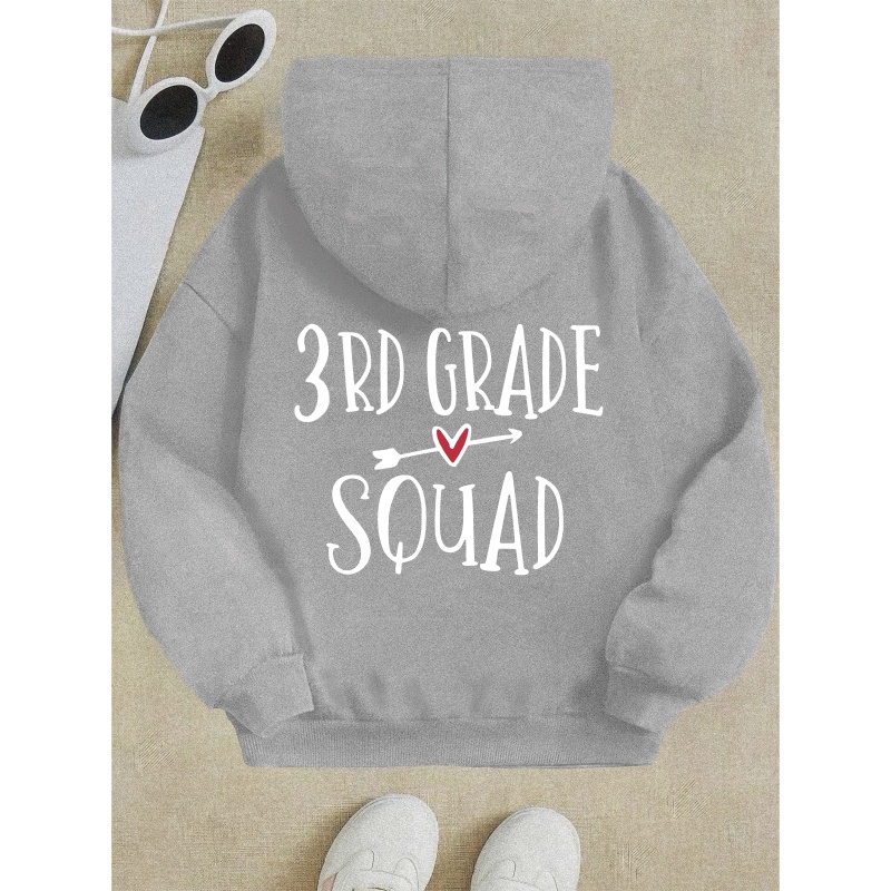 

'3rd Grade Squad' Print Kids Girls Hoodie Back Graphic Hooded Sweatshirt With Kangaroo Pocket, Slightly Stretch Comfy Casual Sweatshirt, Christmas Gift