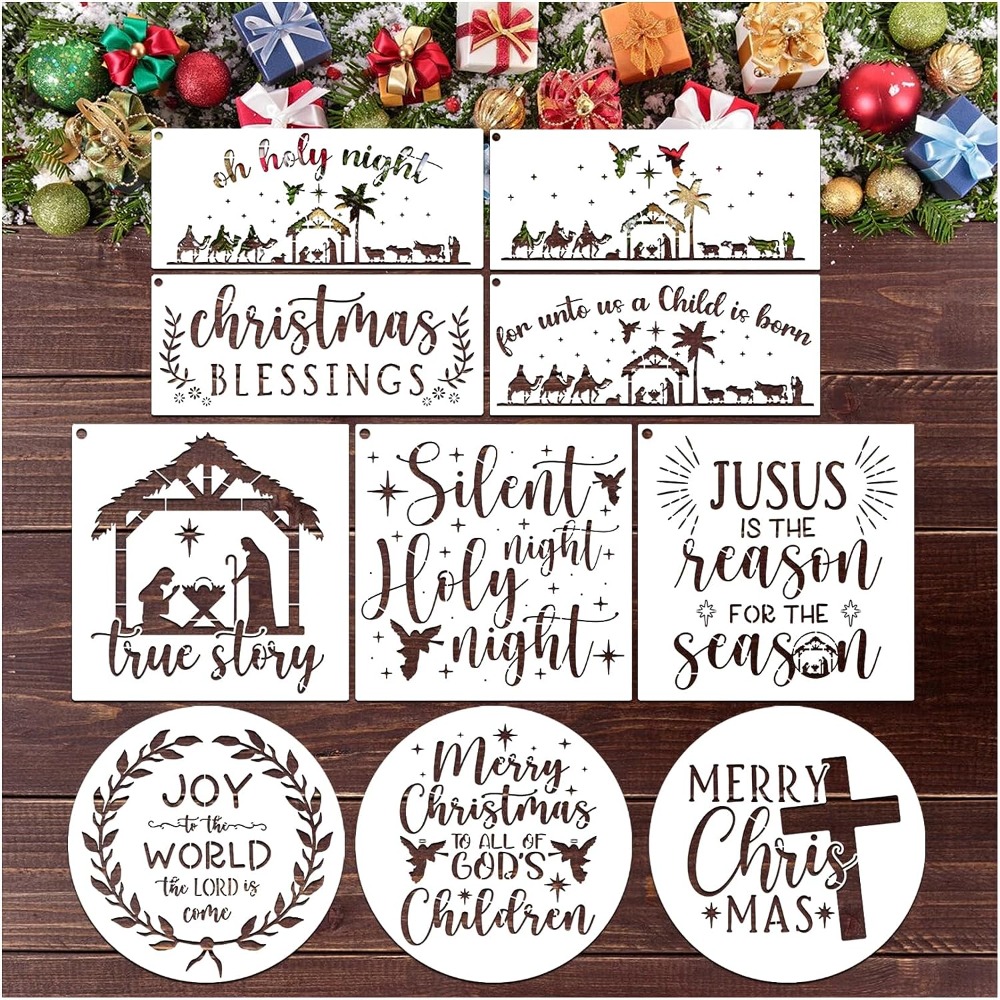 10Pcs Large Christmas Stencils for Painting on Wood, Reusable Merry  Christmas Stencils Christmas Tree Farm Fresh Let It Snow Stencils Templates  for