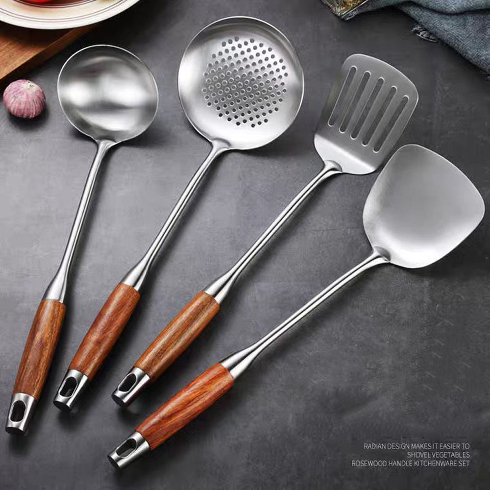 Stainless Steel Kitchen Cooking Utensils Set, Wooden Handle Kitchen Cooking  Wok Spatula, Wok Spoon, Soup Spoon, Colander Spoon, Slotted Shovel, Kitchen  Ladles, Kitchen Utensils, Kitchen Supplies, Back To School Supplies - Temu