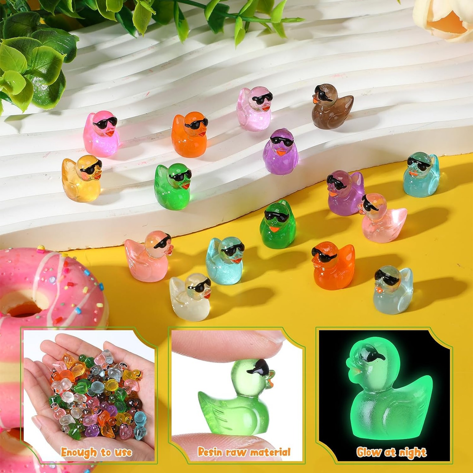 50PCS Mini Ducks with Glasses Fairy Garden Decoration DIY Accessories  Miniatures Yellow Ducks Resin Micro Landscape