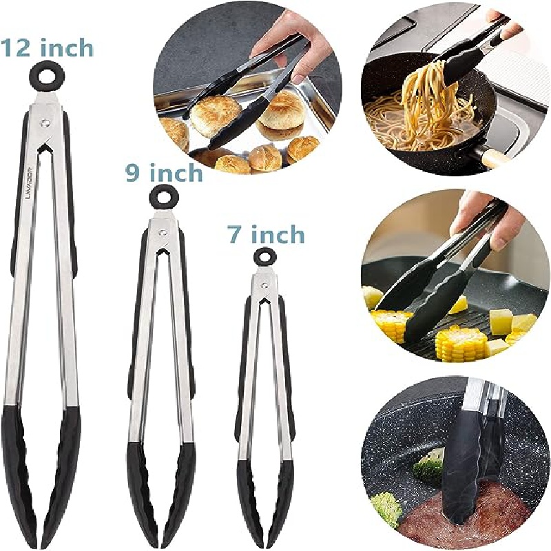 Kitchen Tongs,Set of 3-7, 9, 12 inch,Stainless Steel Cooking Tongs with Silicone