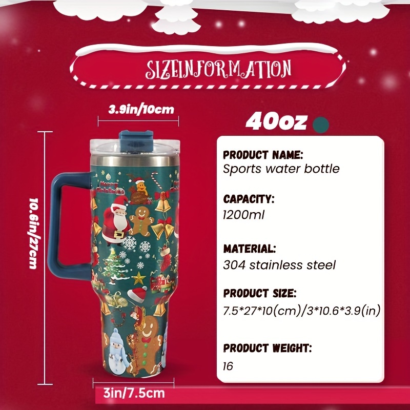 1pc 1200ml/40oz Portable Engraved Christmas Tumbler With Handle