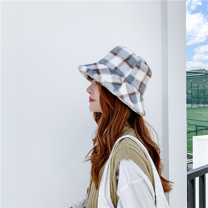 Checkered Embossed Fuzzy Bucket Hats Women Color Block Thick - Temu