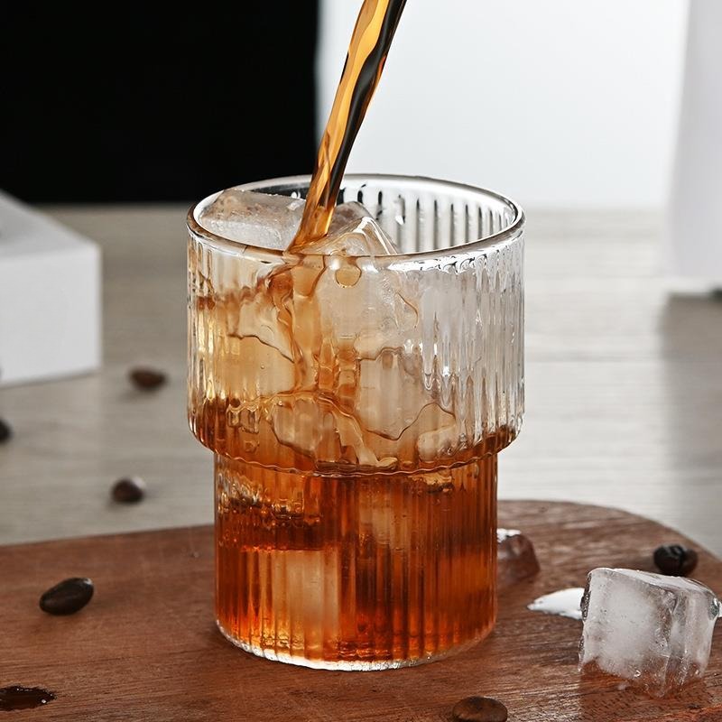 1-6Pcs 400ml Large Capacity Ripple Glass Cup Stripe Transparent Coffee Mug  Bubble Tea Cup Juice Glass Drinkware Set for Home Bar