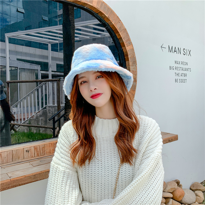 Bucket Hat Big Girls Winter Hats Rainbow Gradient Fuzzy Bucket Hat