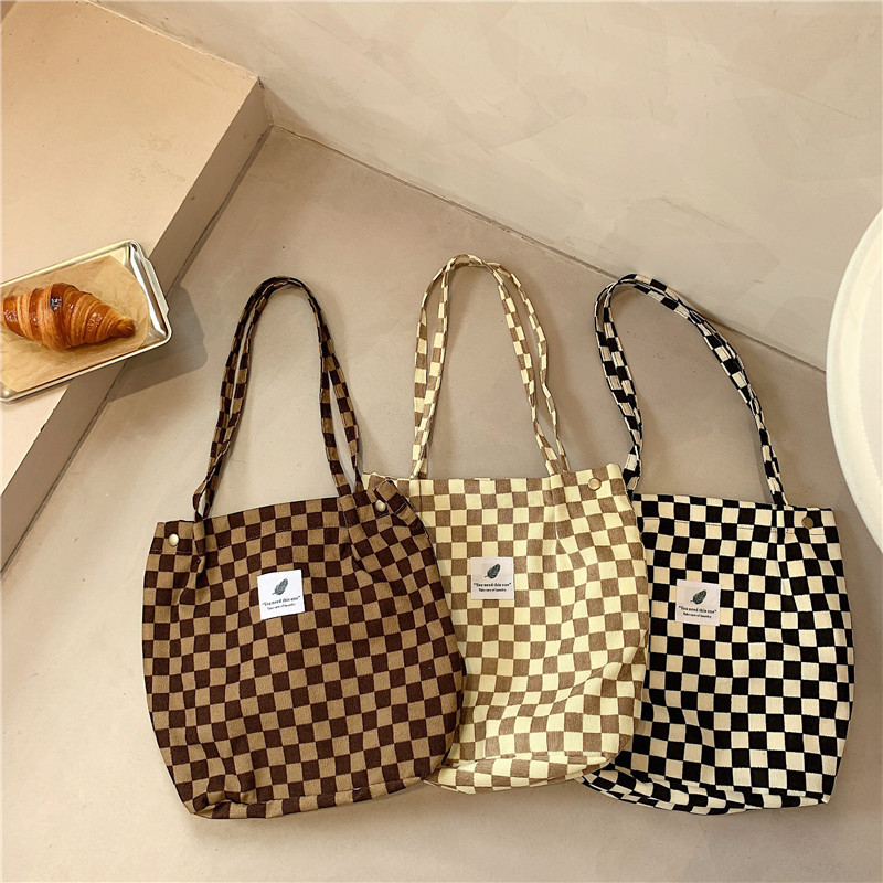 Ins Corduroy Retro Handbag Literary Student Point Checkerboard