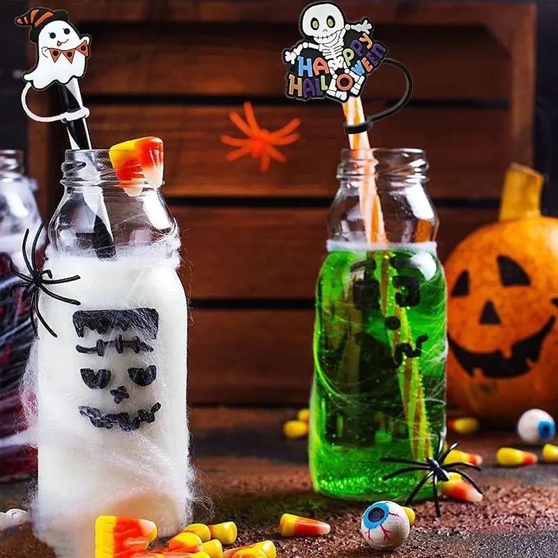 4pcs Cute Silicone Halloween Series Pumpkin Straw Dust Cover Cap For 8-10mm  Diameter Straws